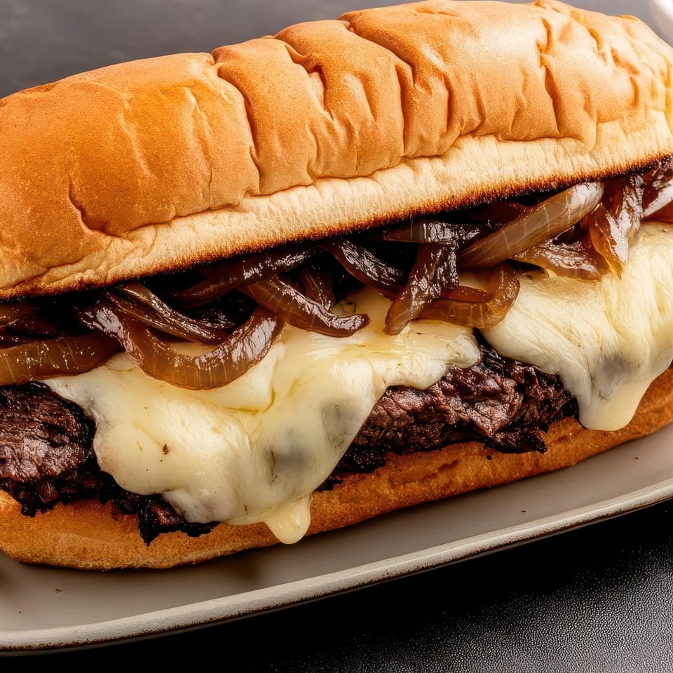 Close-up of a Northwood House of Pizza & Subs cheesesteak sub with melted cheese and caramelized onions.