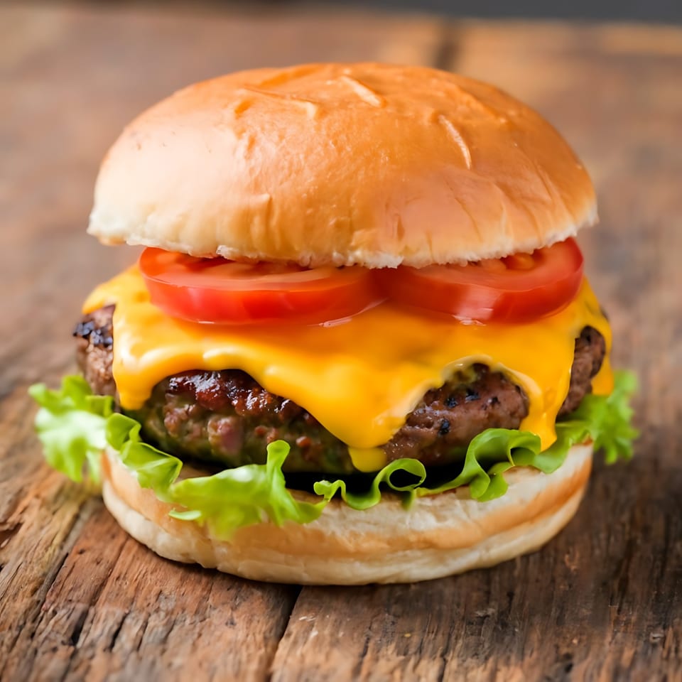 A cheeseburger with melted cheese, tomato, and lettuce on a bun, on a rustic wooden surface.
