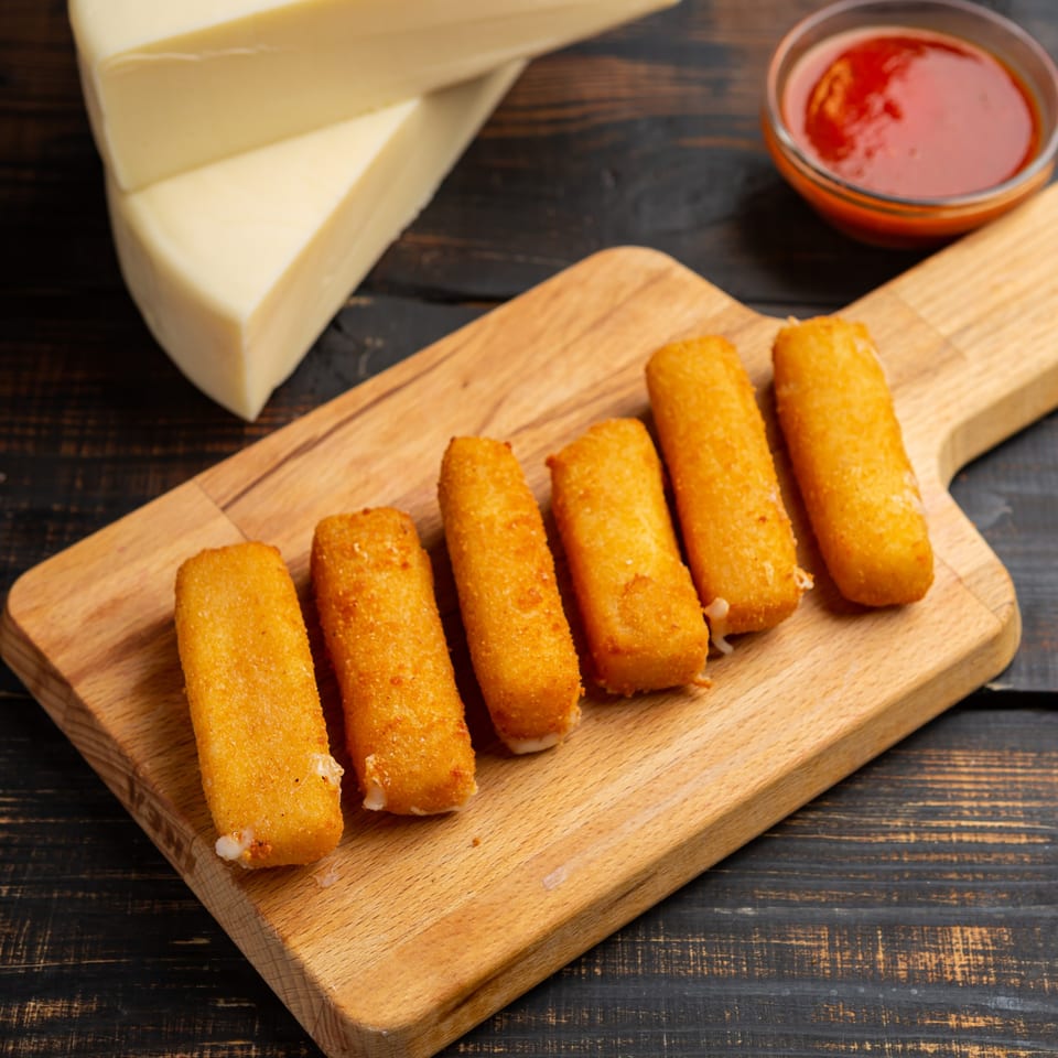 Six golden-brown mozzarella sticks on a wooden board, with a bowl of marinara sauce and cheese in the background.