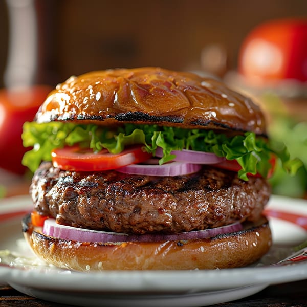 A juicy grilled burger with lettuce, tomato, and red onion on a toasted bun.